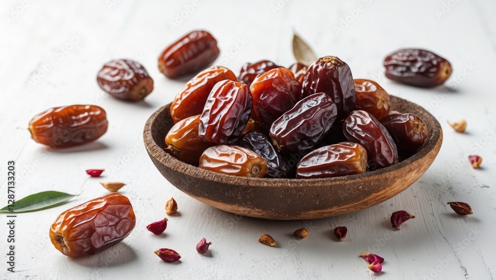 Leinwandbilder Bowl of assorted dry dates kharik on a rustic wooden surface with scattered petals and leaves creating an inviting natural composition