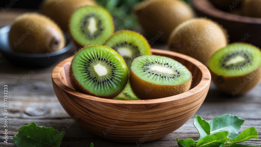 Poster fresh kiwi slices in wooden bowl surrounded by whole fruit and green leaves on rustic table setting