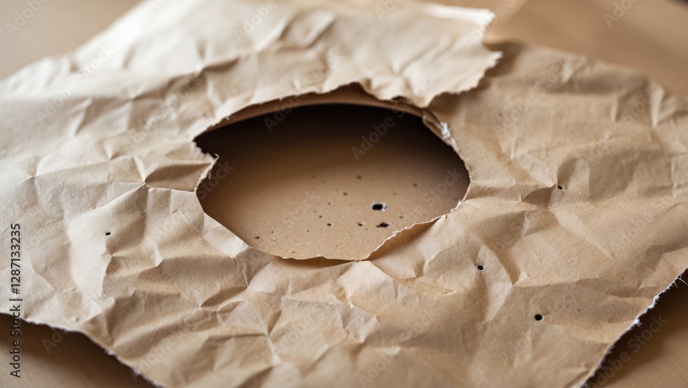 Poster Torn paper sheet with a circular hole creating a unique visual texture for backgrounds or creative design projects.