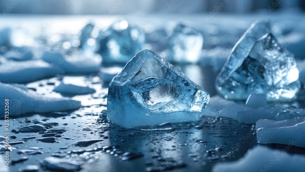 Aufkleber Frozen ice cubes on a reflective surface with shallow depth of field highlighting their textures and cool blue tones.