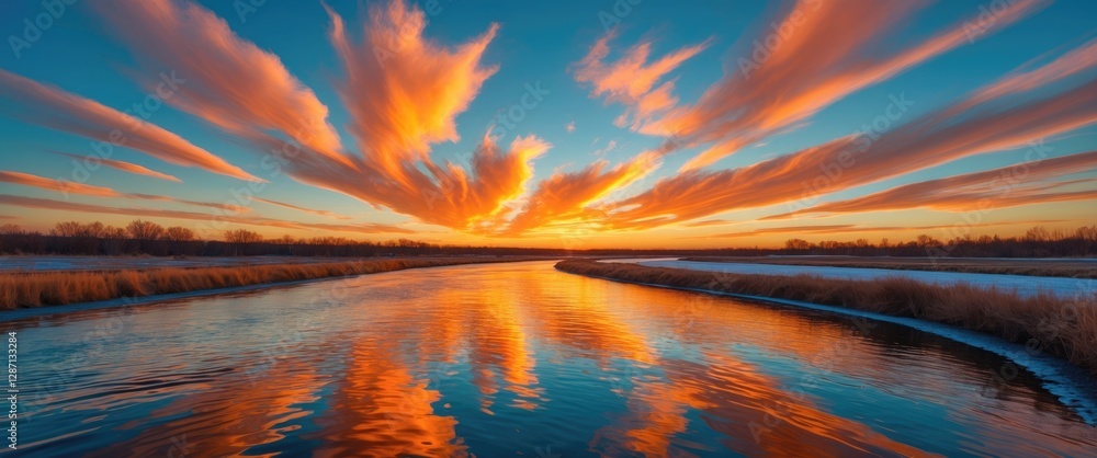 Poster vibrant sunset over curving river reflecting bright colors in water surrounded by nature with clear 