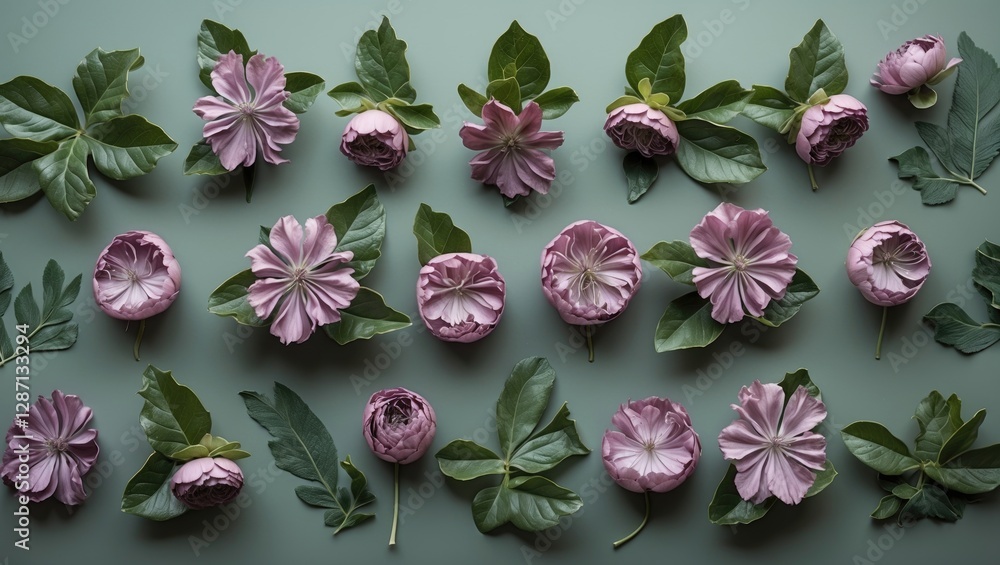 Aufkleber delicate floral arrangement featuring mauve blooms and lush green leaves on soft background for eleg