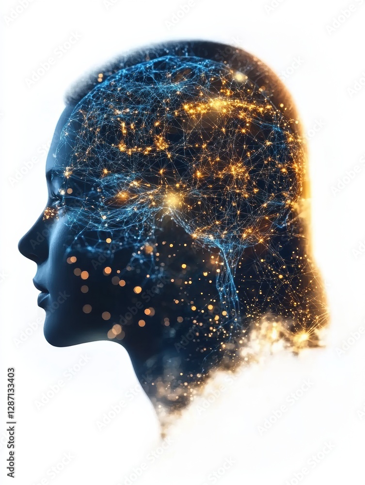 Poster profile of a human head showcasing complex neural connections and glowing synapses illustrating the 