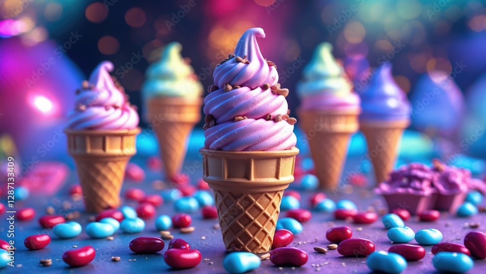 Aufkleber Colorful Ice Cream Cones with Sprinkles Surrounded by Candy on a Vibrant Blurred Background Empty Space for Text or Design