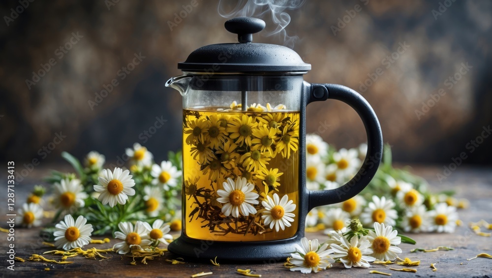 Poster refreshing chamomile tea infused with flowers in a french press against an industrial background wit