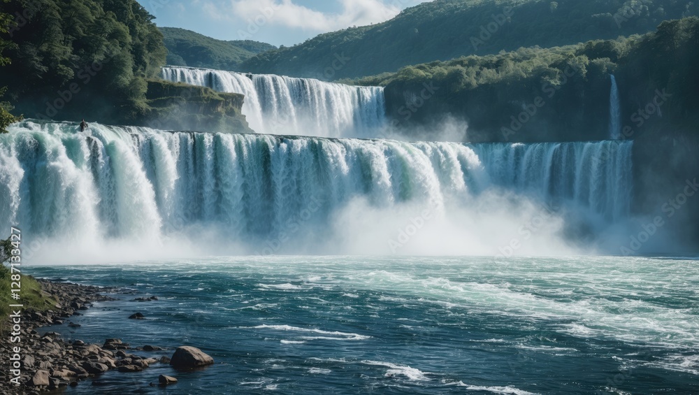 Poster majestic waterfall cascade with mist and lush greenery perfect for nature-themed copy space or displ