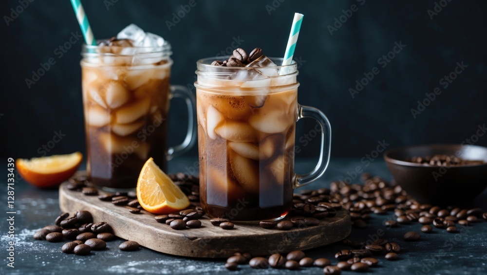 Poster Iced Coffee with Coffee Beans and Citrus on a Dark Background in Rustic Setting