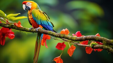 Vivid macaw perched elegantly on a blooming branch in the tropics