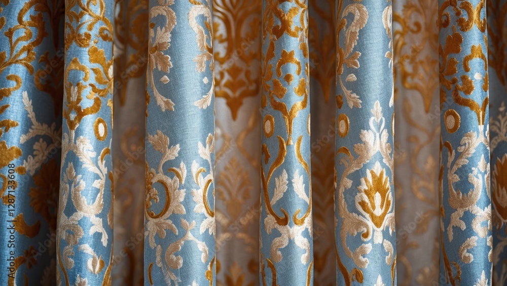 Poster elegant closeup of decorative curtain fabric featuring intricate blue and gold patterns for home int
