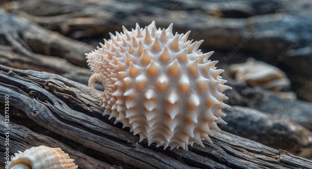 Poster Intricate Spiny Murex Seashell Resting On Driftwood With Natural Texture And Copy Space For Creative Text And Design Elements