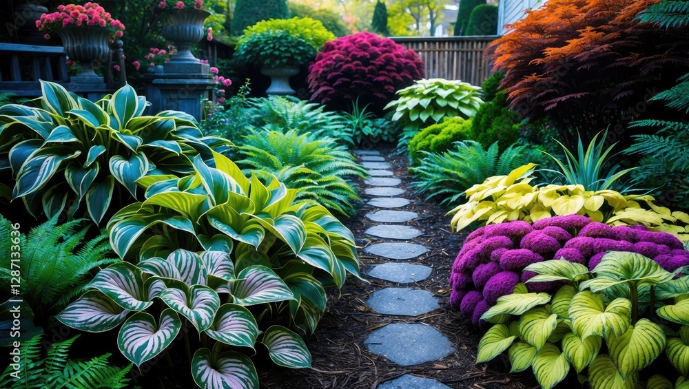 Aufkleber lush garden pathway featuring vibrant hostas and variegated ferns surrounded by colorful foliage in 