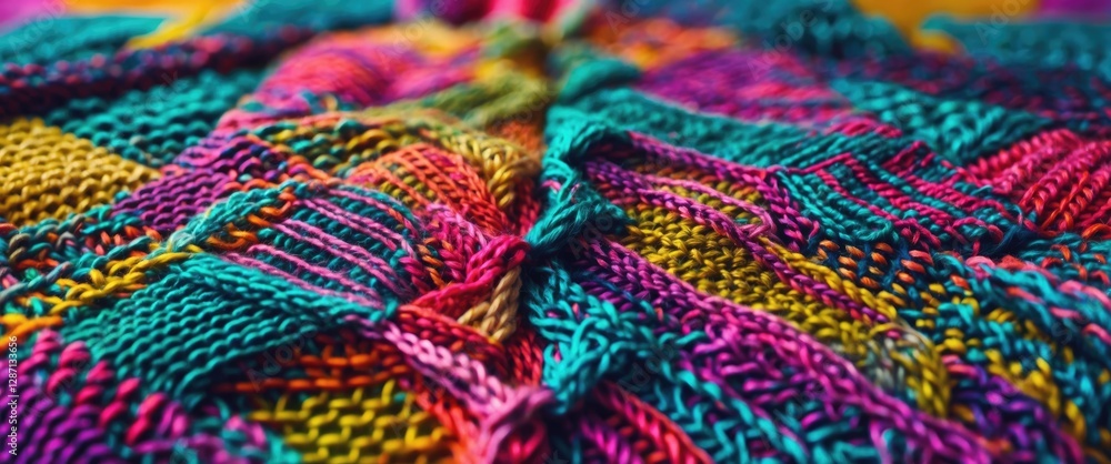 Aufkleber Vibrant handmade knitting patterns showcasing intricate textures and colorful yarn in a close-up view for craft enthusiasts and designers.
