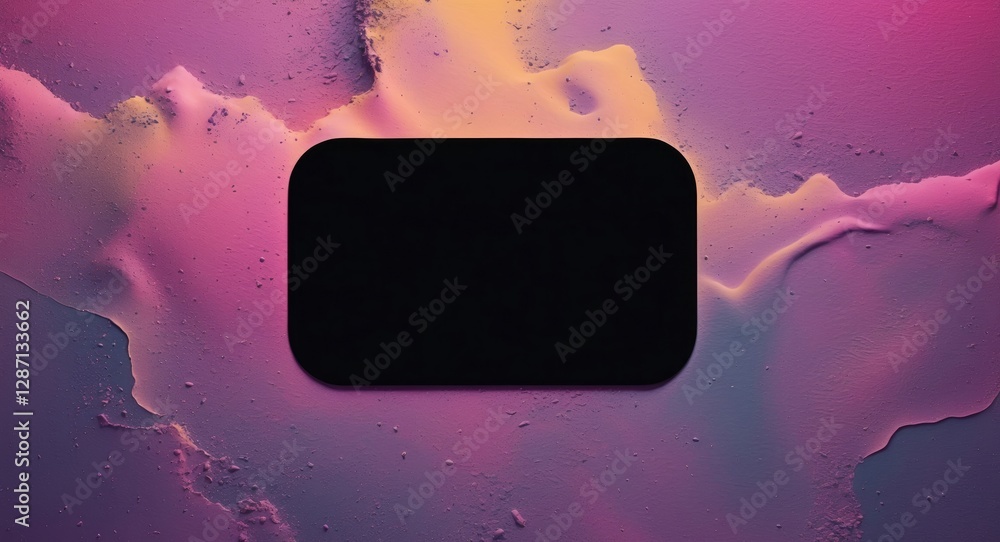 Poster Blank black rectangular patch with rounded edges on a vibrant abstract purple and pink background suitable for design and marketing use.