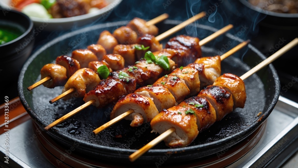 Poster grilled yakitori skewers glazed with soy sauce and garnished with green onions on a hot plate serve 