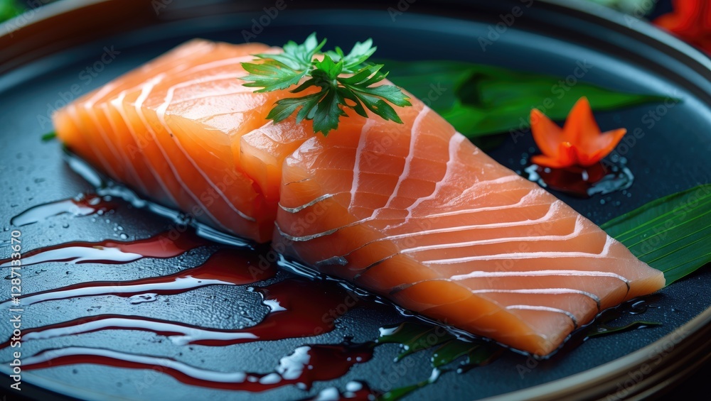 Aufkleber fresh salmon sashimi elegantly presented on a black plate, garnished with herbs and accompanied by a