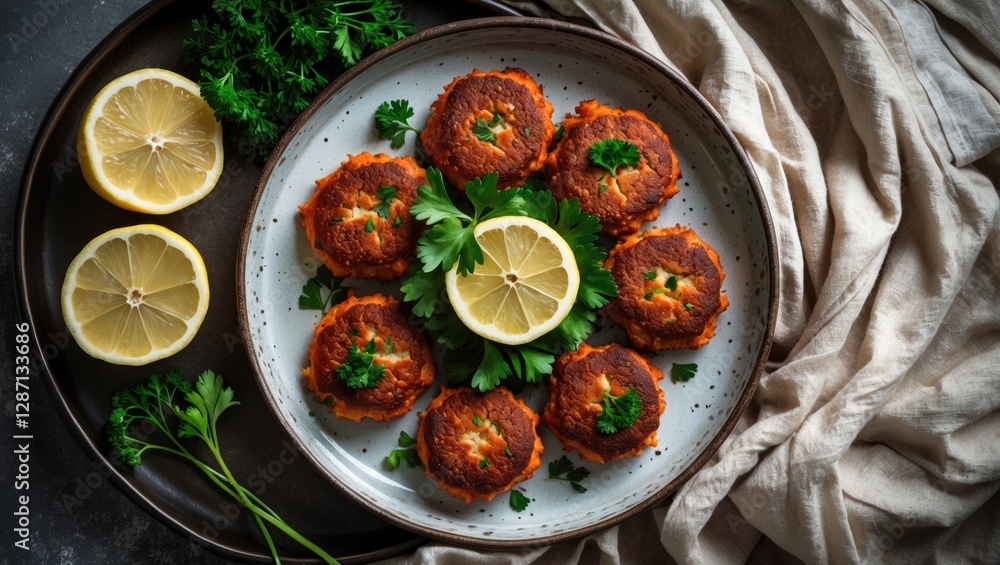 Poster delicious homemade red fish cakes garnished with parsley and lemon on a ceramic plate with fabric ba