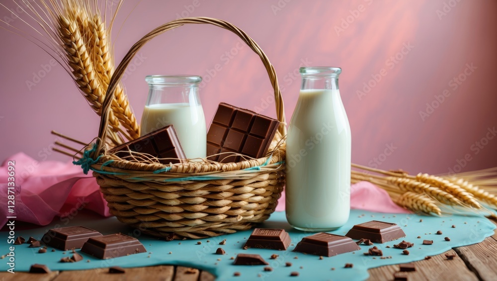 Poster milk and chocolate in a basket with wheat on a wooden table creating a cozy holiday vibe with soft p