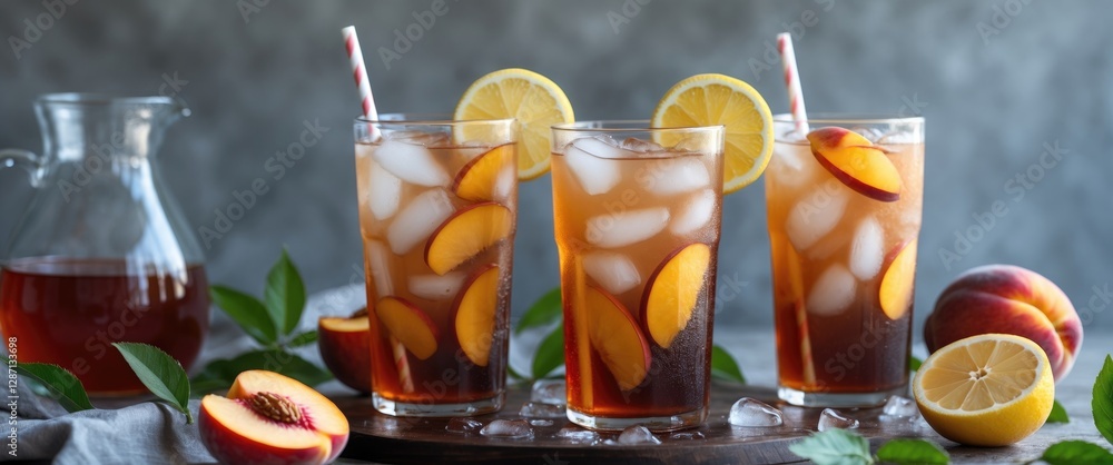 Poster refreshing summer iced tea with peach and lemon slices in glasses with ice. perfect for cool drink p