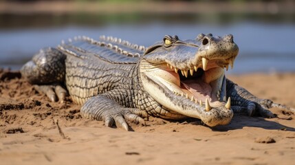 Obraz premium Caiman basking on the sandy riverbank with its mouth wide open