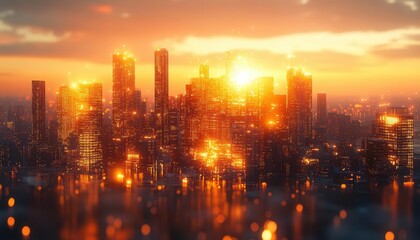 Fototapeta premium City skyline at sunset with glowing AR building data, vibrant urban backdrop, soft golden light, photorealistic