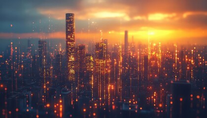 Fototapeta premium City skyline at sunset with glowing AR building data, vibrant urban backdrop, soft golden light, photorealistic