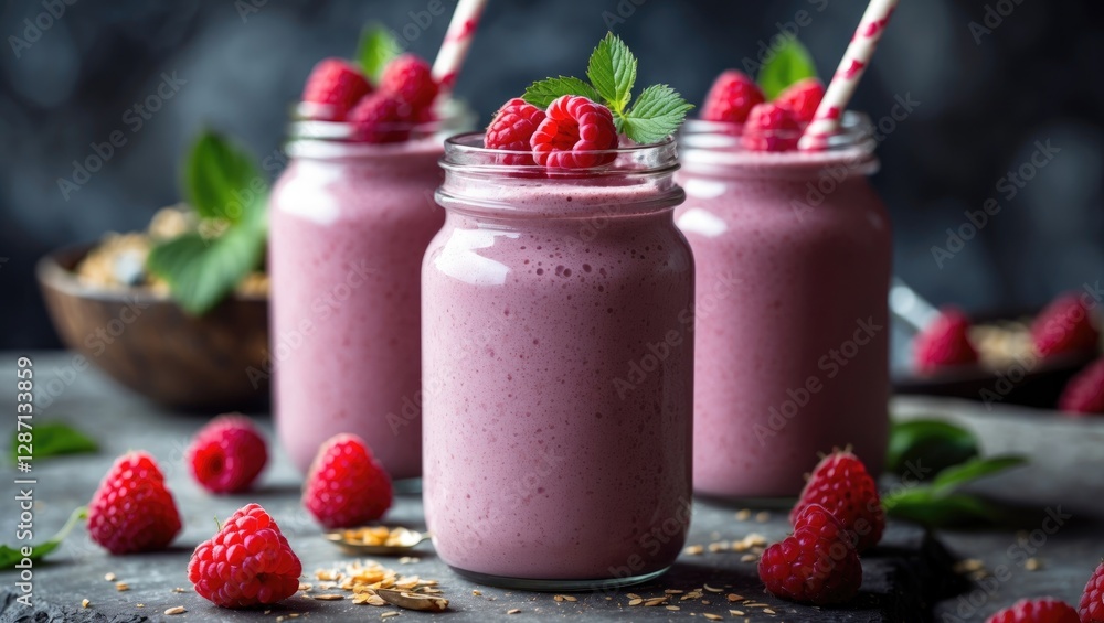 Poster Refreshing Homemade Raspberry Smoothies in Jars with Mint Garnish and Straw on Dark Background for Healthy Eating Concept Copy Space