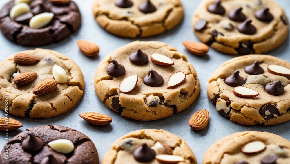 Aufkleber assorted homemade cookies with chocolate chips and almonds arranged on a baking sheet ideal for menu