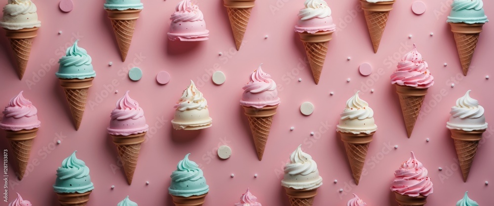 Poster Colorful Ice Cream Cones Pattern on Pastel Pink Background with Decorative Sprinkles and Blank Space for Customizable Text or Messages