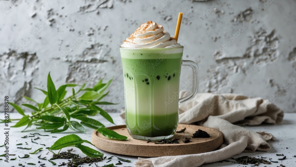 Aufkleber refreshing ice green tea latte in a glass mug with cream topping on neutral background surrounded by