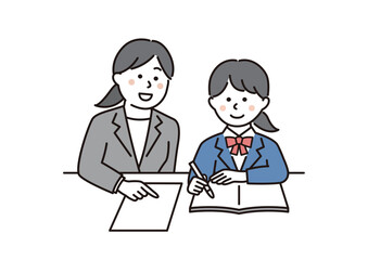 先生に勉強を教えてもらう女子学生