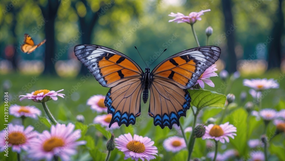 Aufkleber colorful butterfly resting on flowers in a vibrant park setting with a lush green background and ano