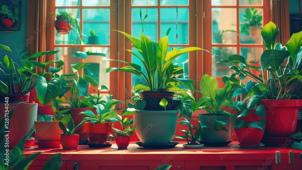 Aufkleber Vibrant indoor garden with various houseplants displayed on a sunlit countertop creating a lush and inviting atmosphere