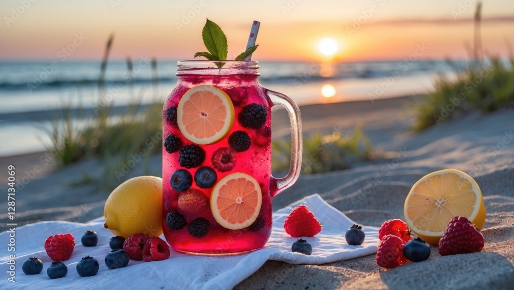 Poster refreshing berry lemonade in a mason jar at beach sunset with sliced fruits and vibrant colors for s