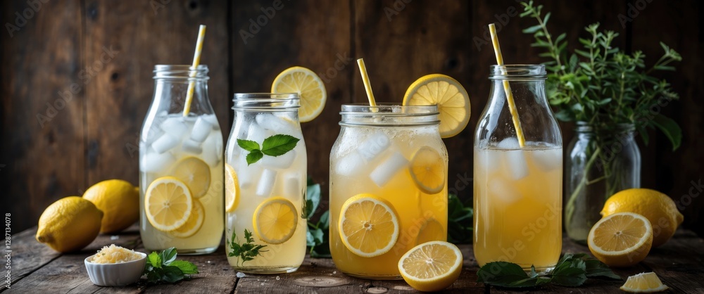 Poster Refreshing Homemade Lemonade Served in Glass Jars with Lemon Slices and Fresh Herbs on Wooden Table with Space for Custom Text