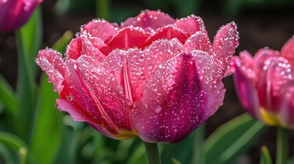 Close-up of Pink Tulip with Water Drops Glistening in Sunlight