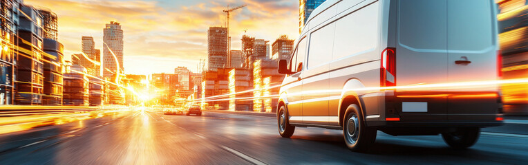 Fast delivery van driving on city road at sunset, showcasing urban life