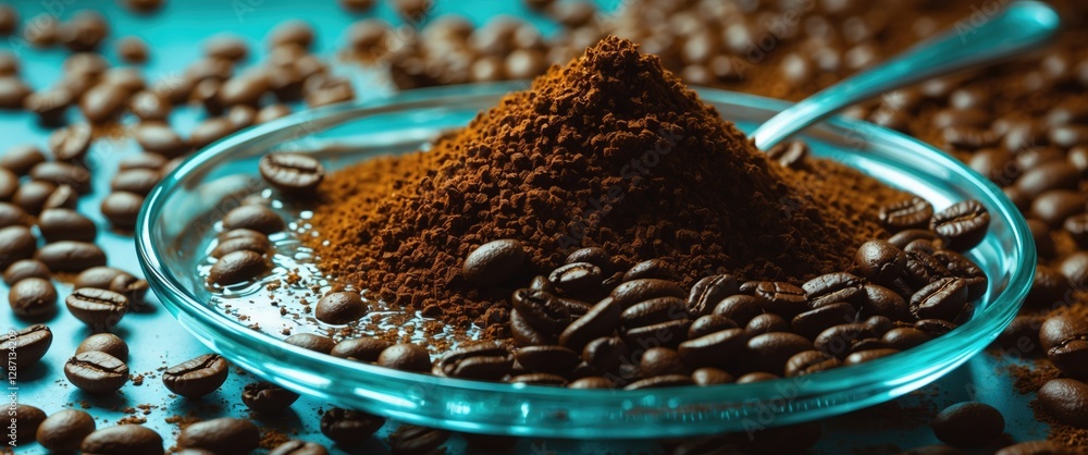 Poster instant coffee granules in a glass plate surrounded by coffee beans creating a rich, aromatic compos