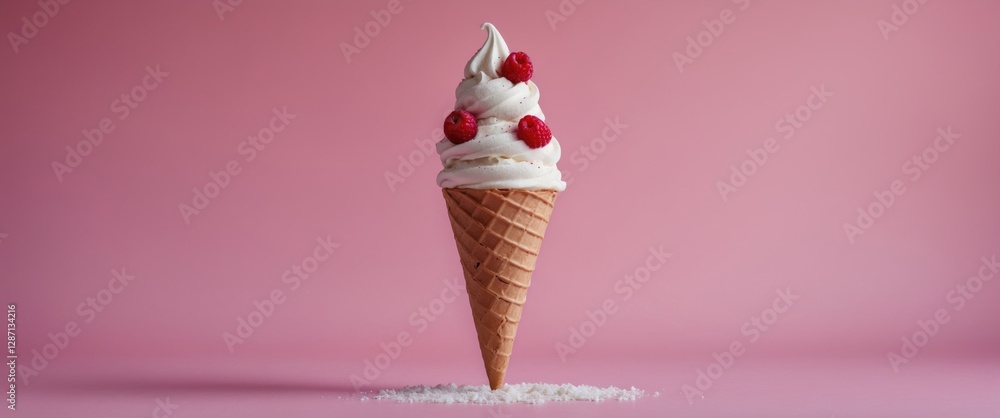 Poster delicious ice cream cone topped with raspberries against a soft pink background with ample space for