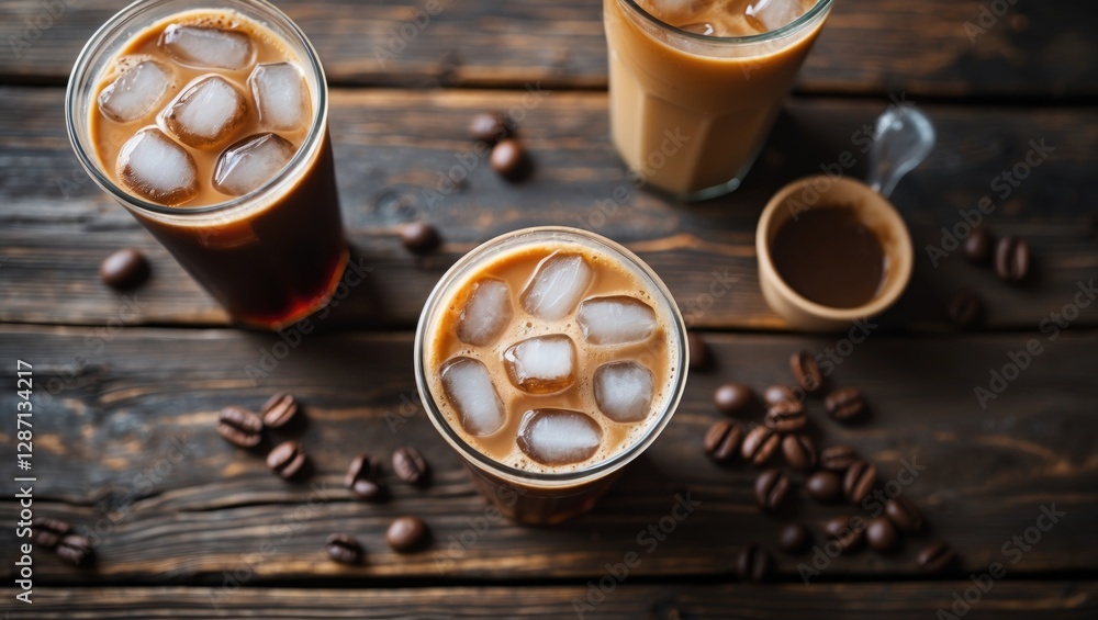 Poster iced coffee drinks on rustic wooden table with coffee beans and empty space for text or promotional 