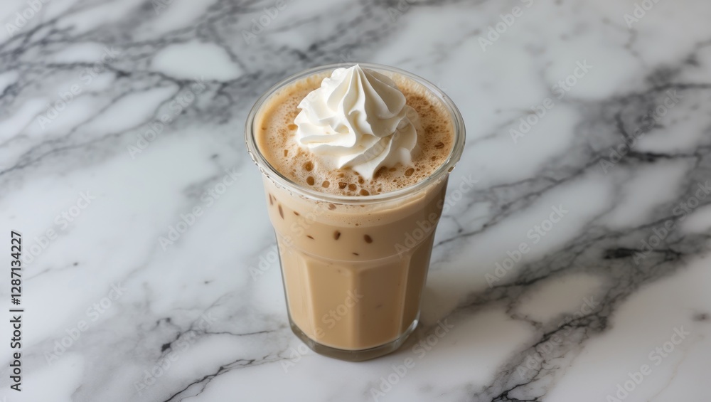 Aufkleber iced dalgona coffee with whipped cream served in clear glass on white marble background with space f