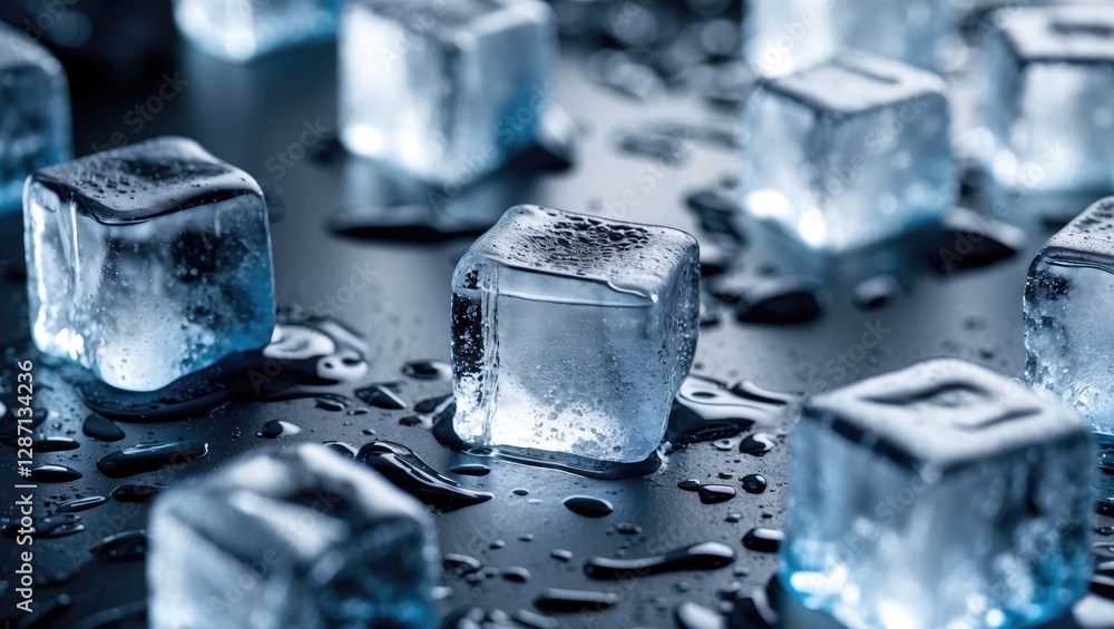 Poster frozen ice cubes with water droplets on a dark surface close-up providing a refreshing and cool beve
