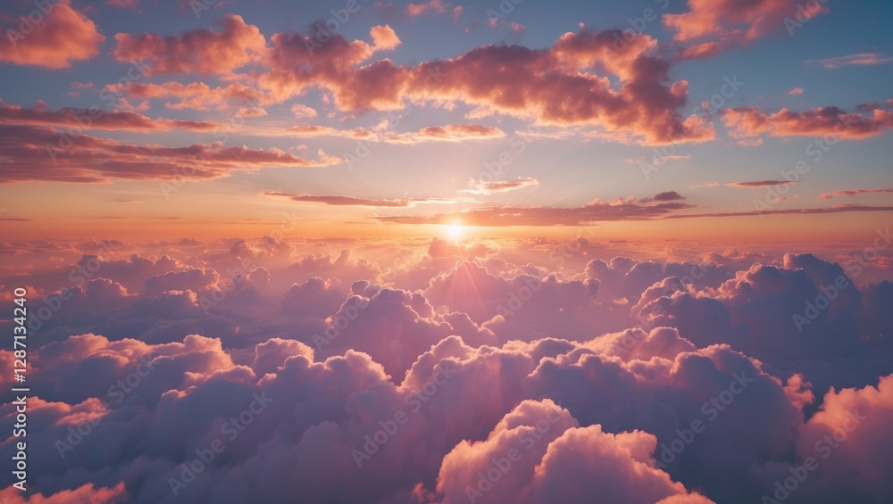 Poster aerial view of sunrise over soft clouds with vibrant colors and space for text imagery ideal for tra