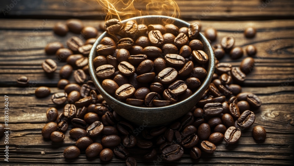Poster freshly roasted coffee beans in a rustic bowl on a wooden surface with steam rising, creating a warm