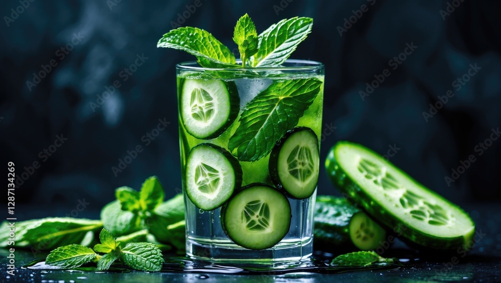 Poster refreshing cucumber mint detox water in glass garnished with fresh mint leaves and sliced cucumbers 