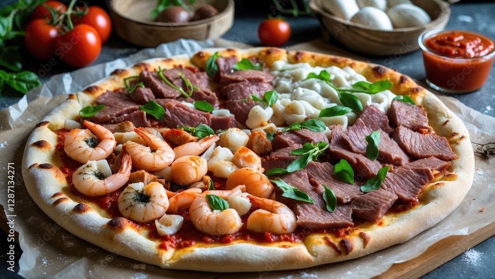 Poster delicious half seafood half meat pizza with fresh ingredients and empty space for text ideal for adv