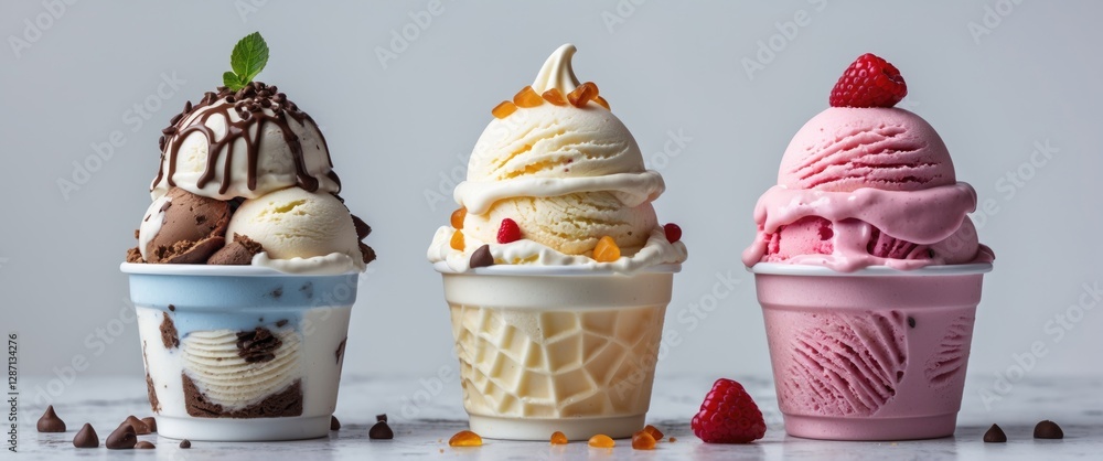 Poster three delicious ice cream cups in various flavors on a white background with copy space for promotio