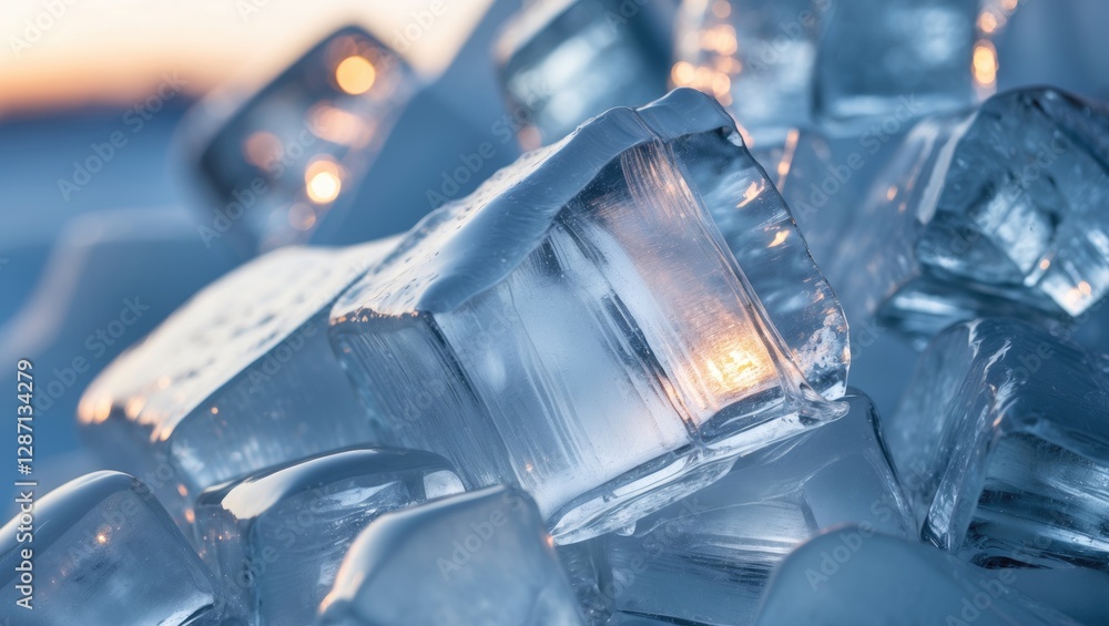 Aufkleber Crystal clear ice cubes glowing in warm light, showcasing intricate textures and reflections in a visually stunning close-up shot.