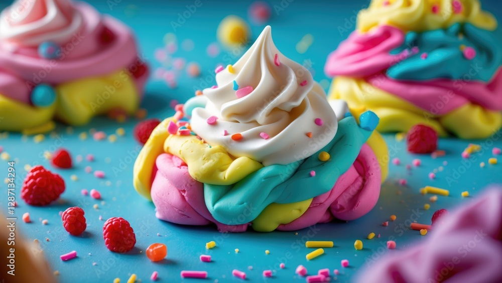 Aufkleber colorful playdough swirls with sprinkles on bright background showcasing empty space for creative te