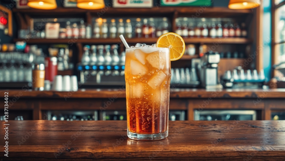 Aufkleber Refreshing Italian soda with ice and a lemon slice served on a rustic wooden bar in a vibrant cafe setting with warm lighting.