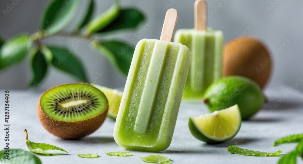 Poster Refreshing Kiwi Lime Popsicle Surrounded By Fresh Fruit With Space For Text